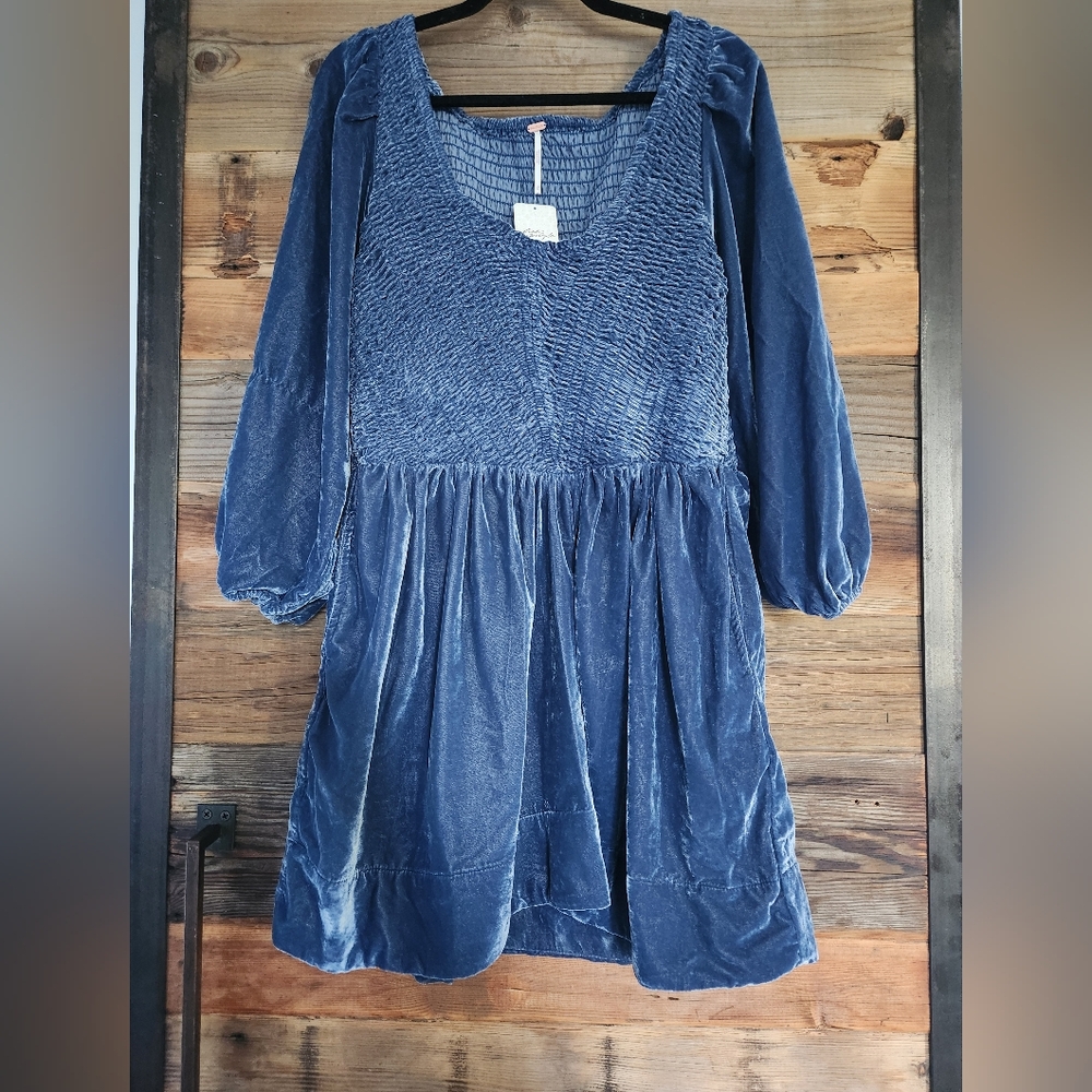 NWT Free People Farrier Velvet mini dress harbor blue Color Size L - Picture 5 of 7